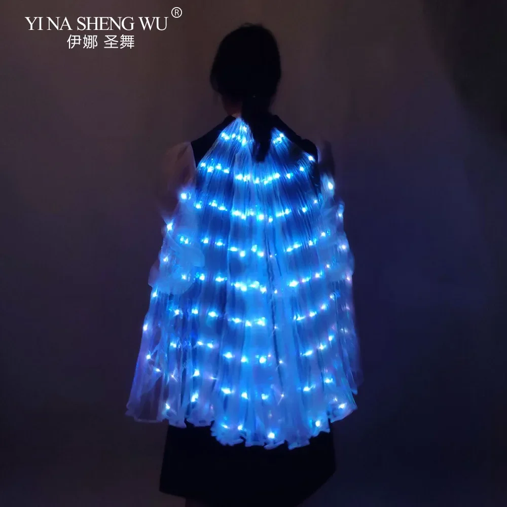 Capa LED luminosa para danza de adultos, tela transparente blanca, accesorios fluorescentes para danza del vientre enganchados a mano, alas para actuación, nuevo