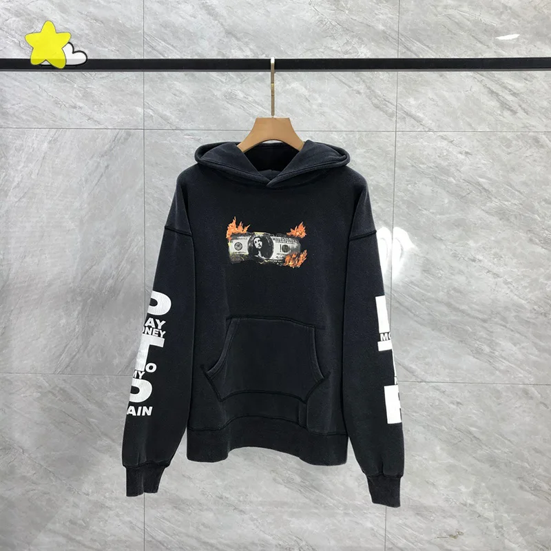 

Осень-зима, хлопковые винтажные потертые черные пуловеры из плотной ткани для мужчин и женщин, толстовка с капюшоном и биркой с графическим принтом банкнот