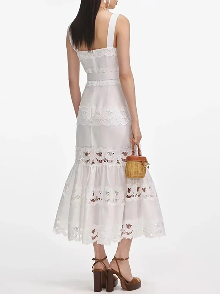 Sexy pescoço quadrado oco para fora vestido longo feminino branco sem mangas cortar rendas a linha vestidos de festa à noite