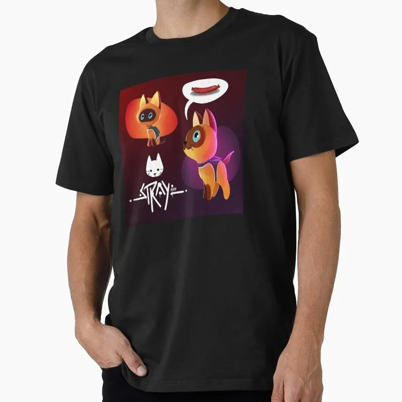 Stray Video Game Cat Graphic T‑Shirt O‑Neck Short Sleeve Unisex Tees Cyberpunk Stray Cat Print Casual Streetwear For Gamer Fans