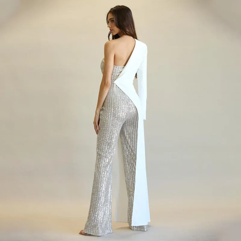 Woman Chic and Elegant Sequin Jumpsuit Rompers Sexy Patchwork Long Sleeve Bodysuit Female Flared Party Club Outfits