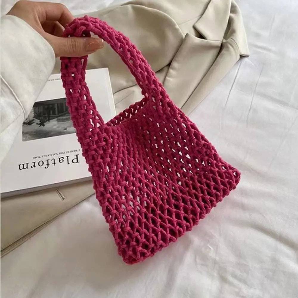 Personality Handmade Knitted Handbag Cotton Rope Hollowout Woven One-shoulder Pouch Large Capacity Colorful Underarm Bag Work