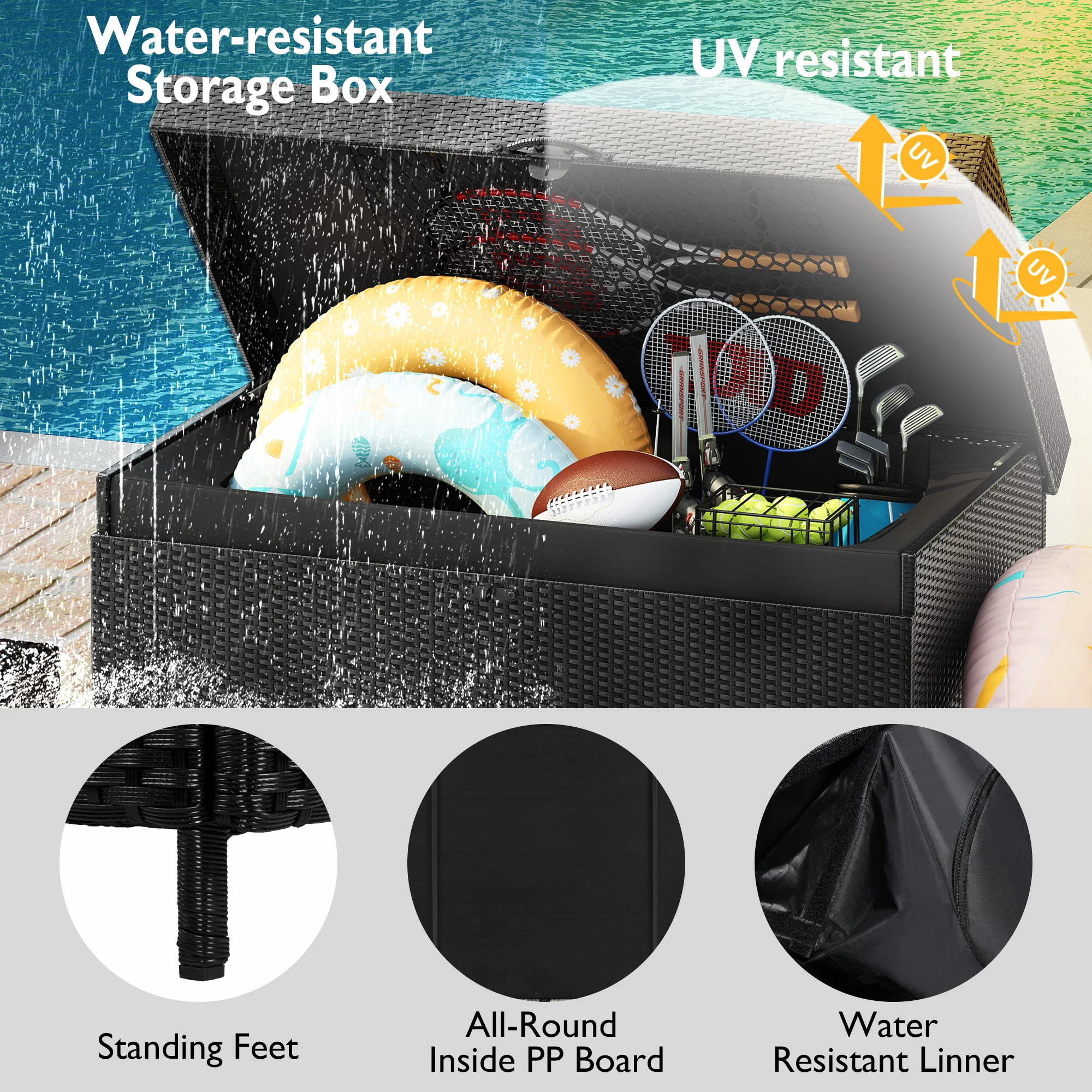 กล่องเก็บของกลางแจ้ง 230 แกลลอนพร้อมล้อ, ออแกไนเซอร์เครื่องมือหวาย, คอนเทนเนอร์สําหรับเฟอร์นิเจอร์ลานสระว่ายน้ําผู้จัดสวน