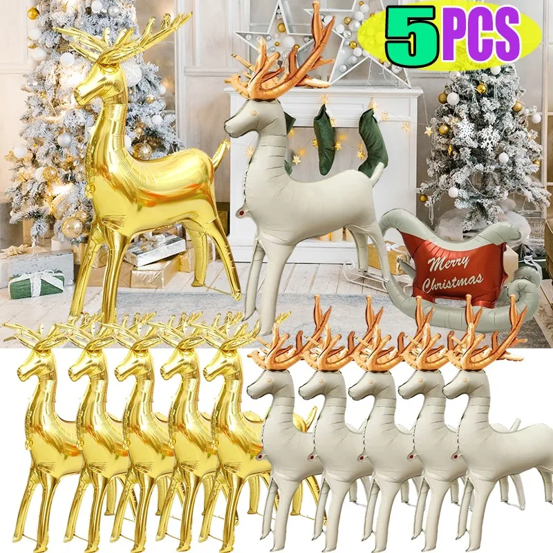 4D Christmas Reindeer Sled Foil Balloon Large 122cm Aluminum Festive Decorations for Party Supplies Holiday Home Decor Xmas Gift