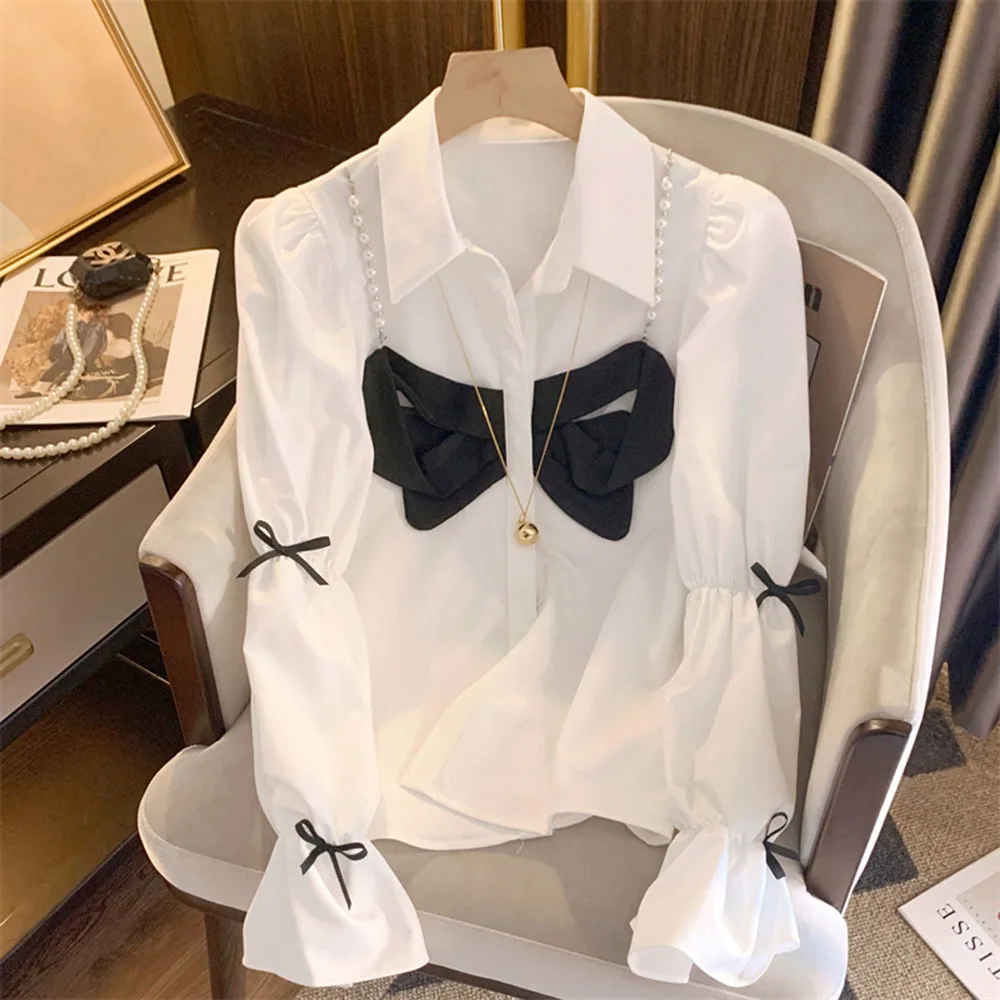 

French Pearl Bow Decorative Shirt Women Spring Autumn New High Quality White Puff Sleeve Fashion Sweet Commuter Top Trendy 2025