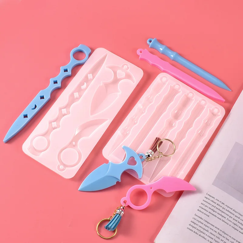 Self Defense Dagger Keychain Resin Anti-Wolf Weapons Sword Epoxy Casting Silicone Mold Defend Knife Mould Craft