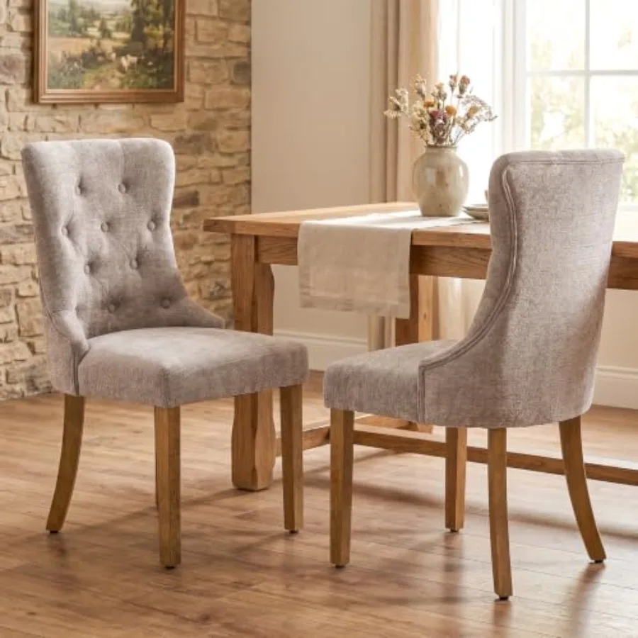 Wingback dining chairs set of 2 for kitchen and living room, chenille upholstery in beige, button-tufted back and solid wood le