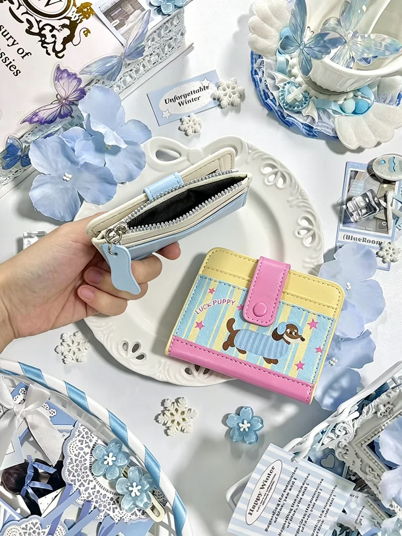 BUYLEMO Cartoon Dachshund PU Snap Button Short Wallet, Multi-slot Zippered Coin Purse & Card Holder