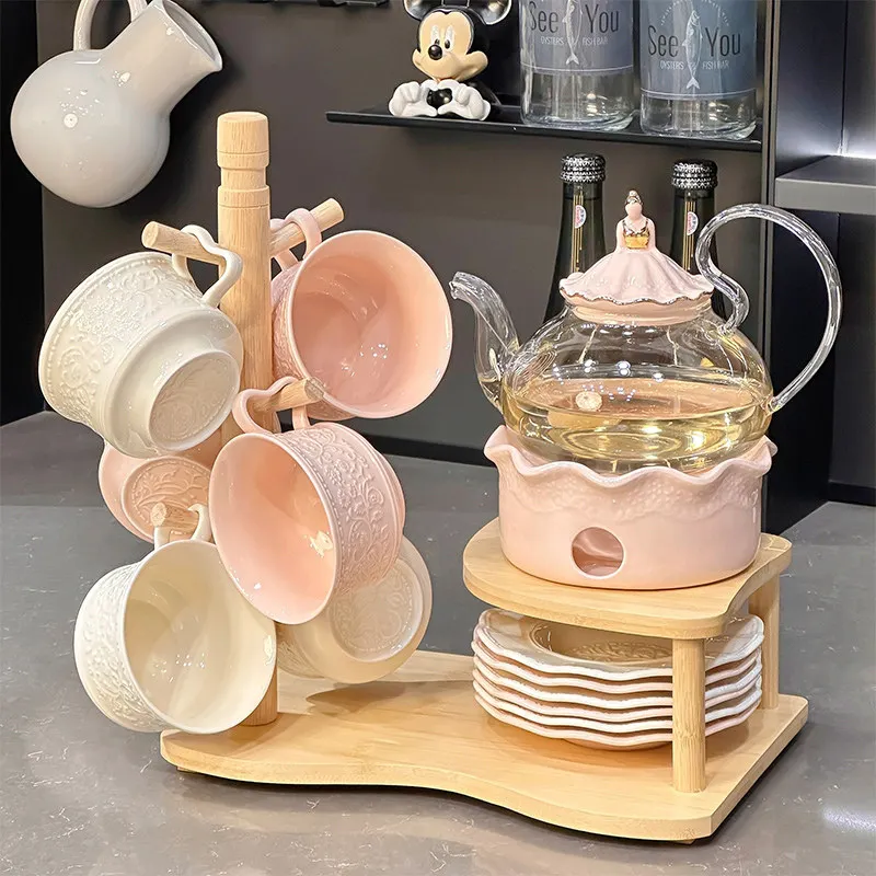 Afternoon Camellia Glass Teapot Set Fruit Teapot with Candle Heating Base Heat Resistant Teaware Housewarming Gift Table Decor