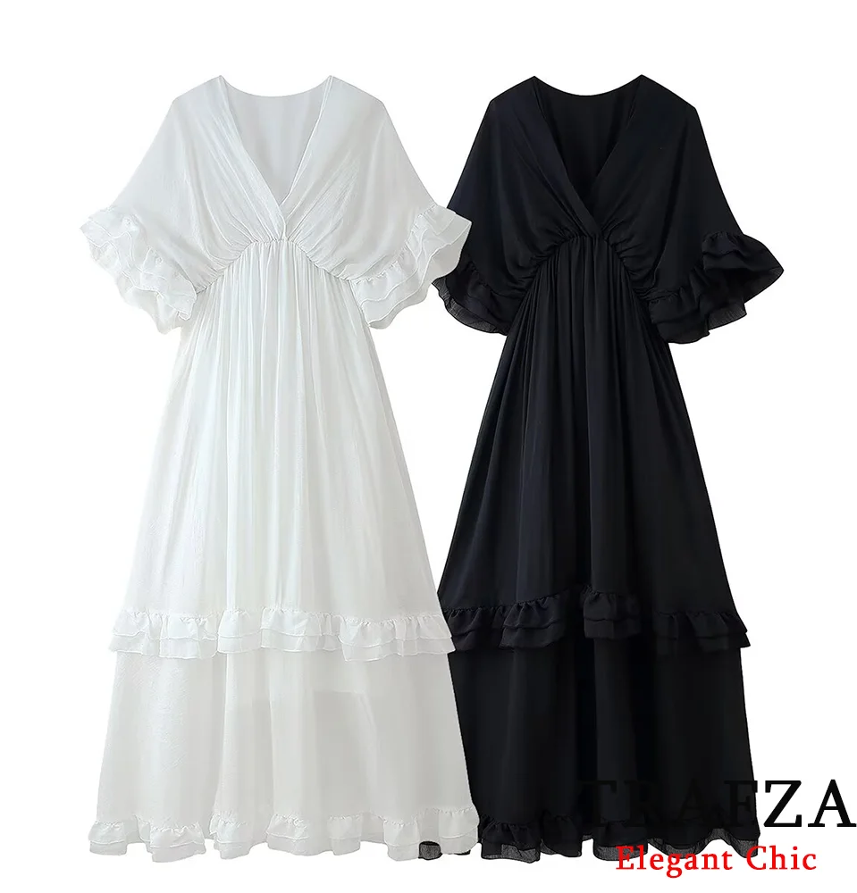 

TRAFZA Elegant Minimalist Long Dress Women's Ruffled V-Neck Pleated Dress 2025 Spring/Summer Fashion Holiday Dating Lady Dress