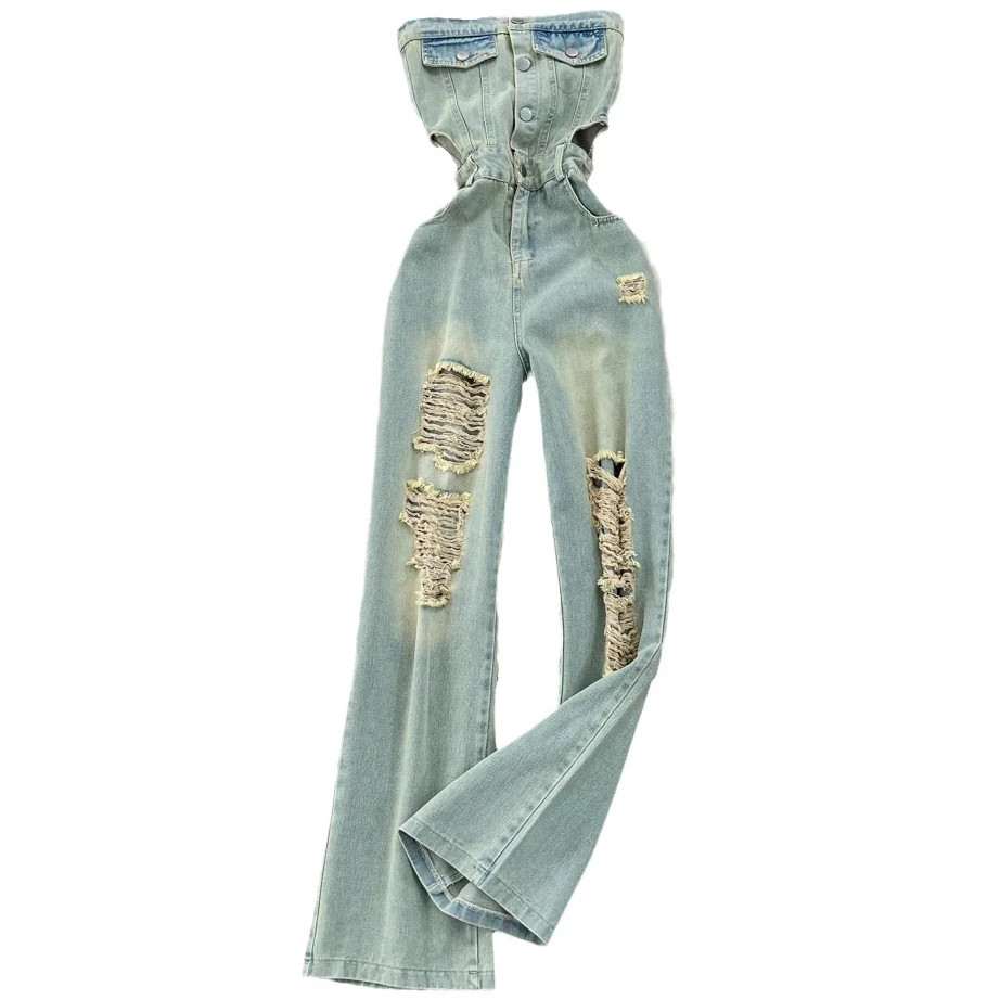 

Denim Jumpsuits Women Hole One Piece Wide Leg Pants Sleeveless Strapless Distressed Mom Pockets Jeans Streetwear Summer 2025