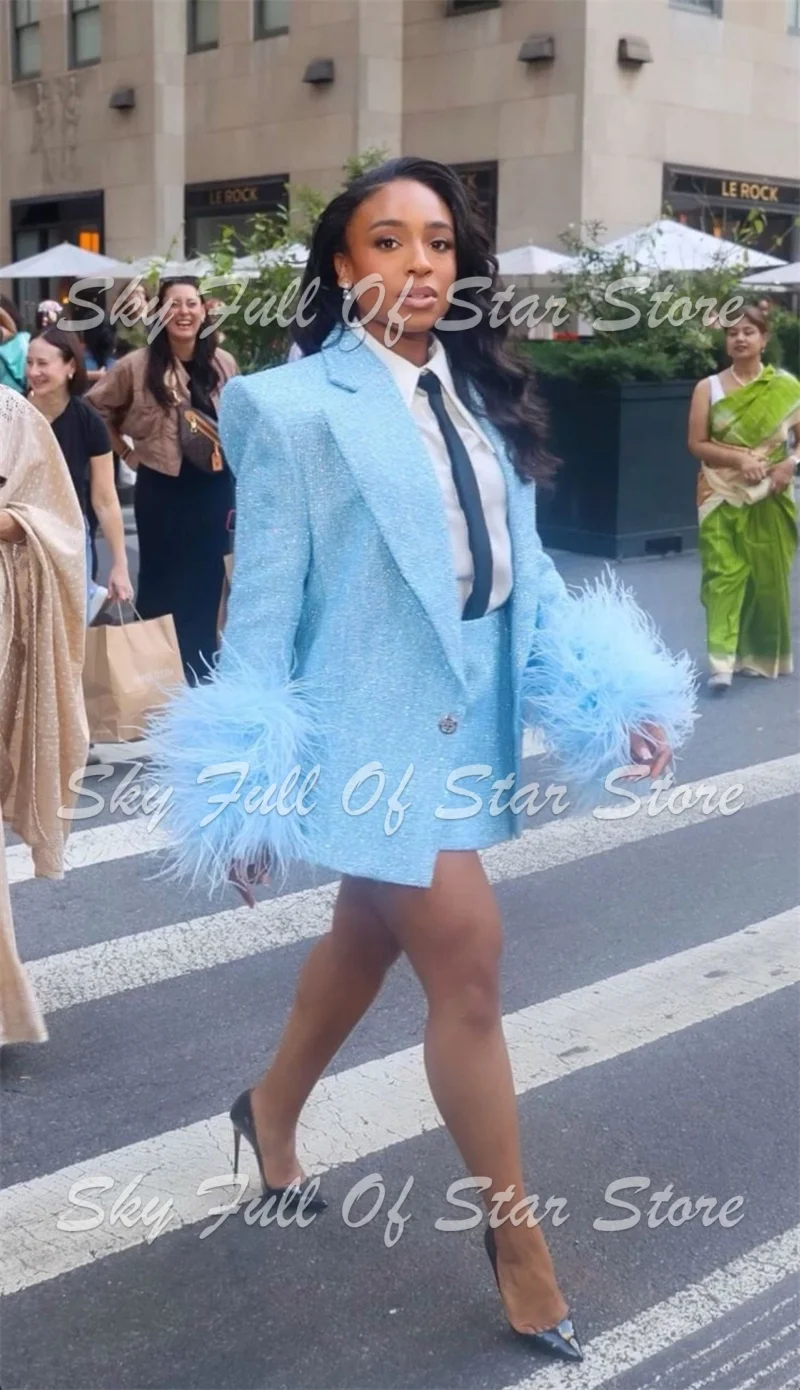 Light Blue Women Suit Set 2 Pcs Sequined Feather Cuff Oversized Blazer+Mini Skirt Custom Formal Evening Party Lady Outfit