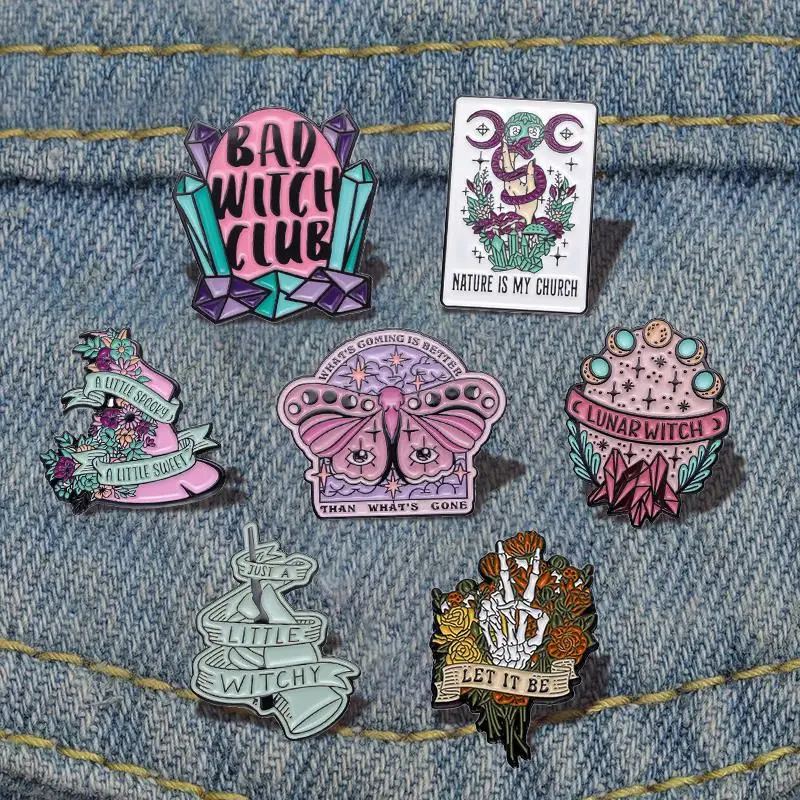 Bad Witch Club Enamel Pin Custom Moon Phase Butterfly Skeleton Hat Brooch Lapel Badges Punk Gothic Jewelry Gift for Kids Friends