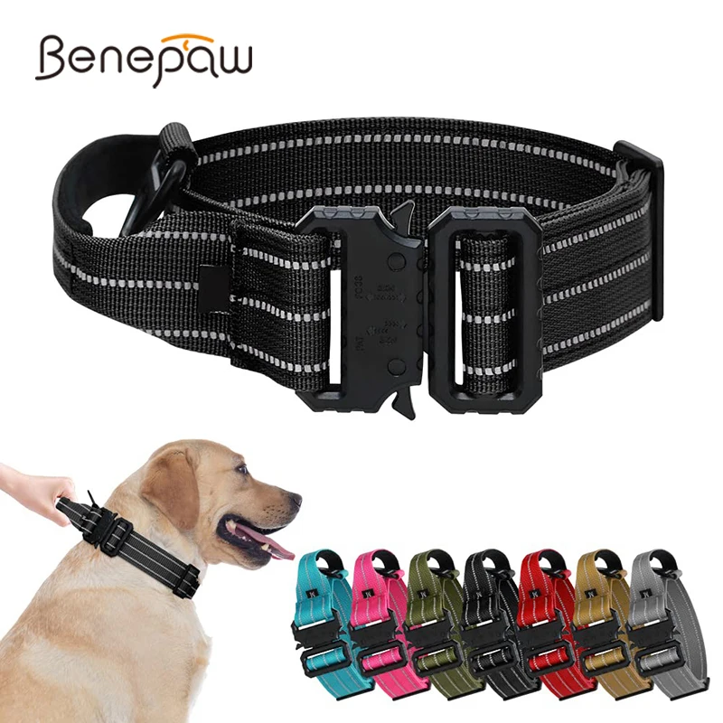 Benepaw Heavy Duty Tactical Dog Collar Adjustable Military Control Handle Reflective Pet  Collar For Medium Large Dogs Training