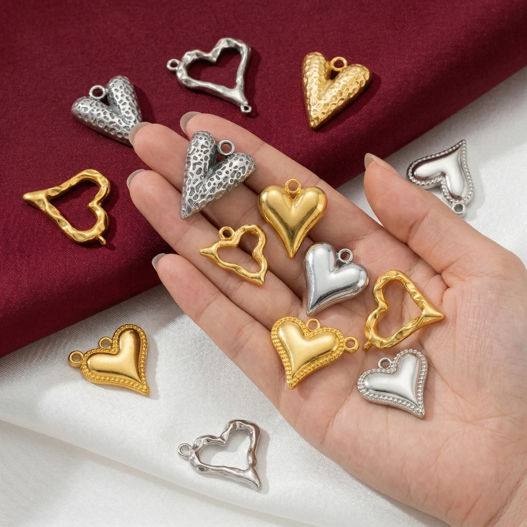 5 piezas de dijes de corazón de amor dorados de acero inoxidable para la fabricación de joyas DIY, suministros para collares, pulseras y pendientes para mujer