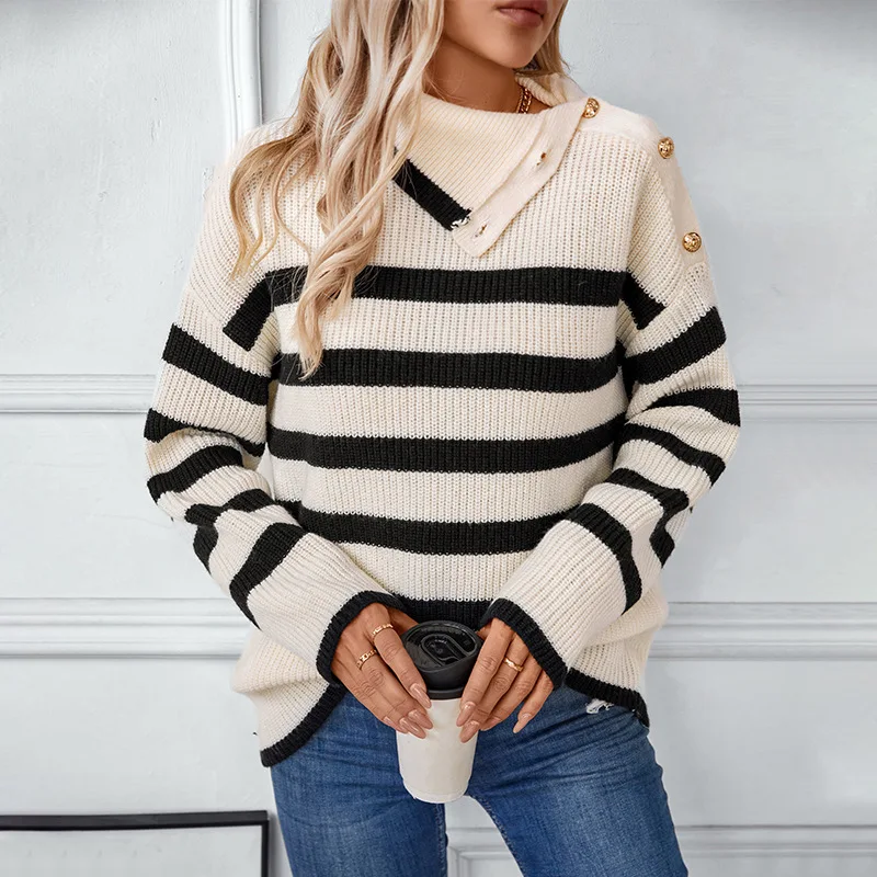 Striped collar pullover women's European and American women's knitted sweater autumn and winter new casual button sweater