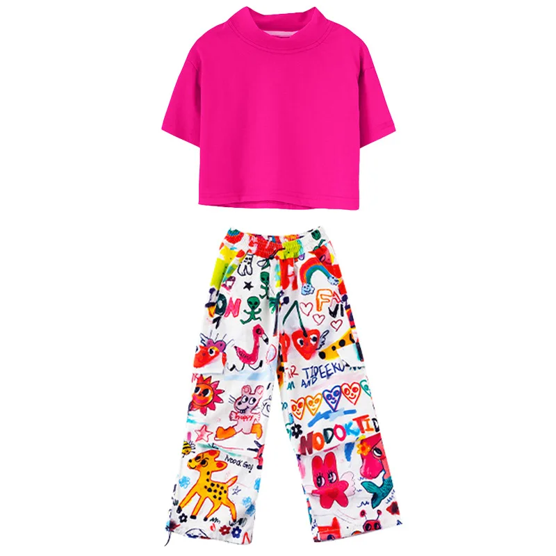 여아용 핑크 크롭 탑 패션, 여아용 도파민 바지, 재즈 댄스 코스튬 세트, 달콤한 여아, 15-70kg