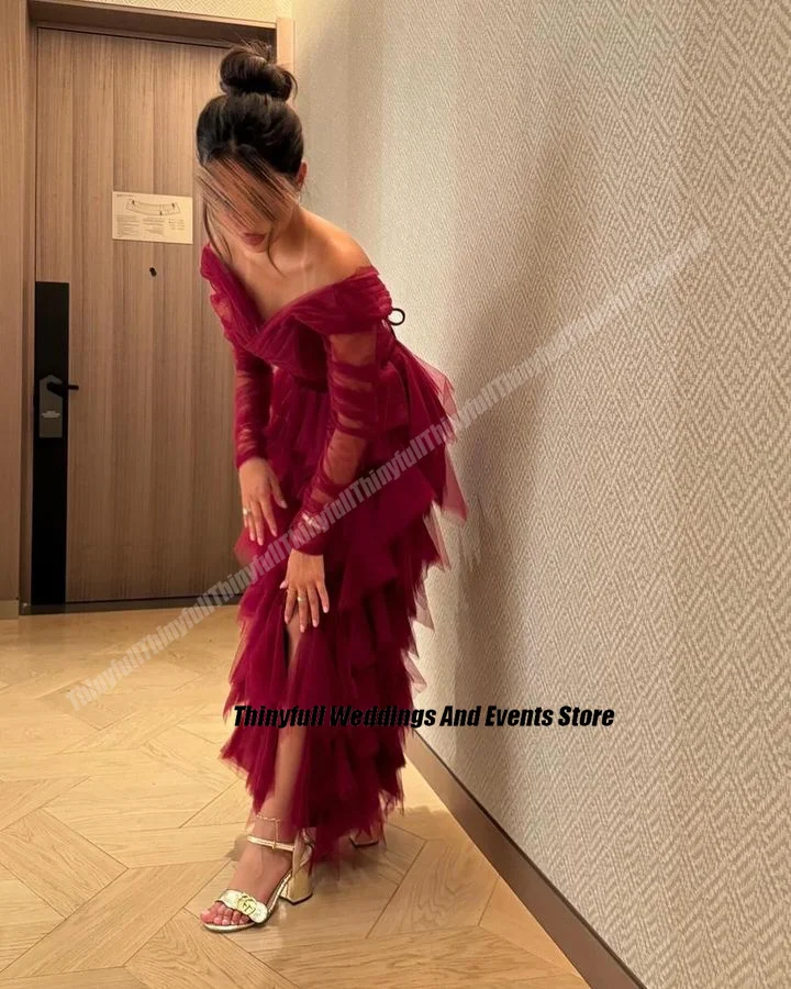 Thinyfull Off Shoulder Tulle Prom Dresses Long Sleeves Evening Party Gowns 2024 Floor Length Dubai Formal Occasion Dress