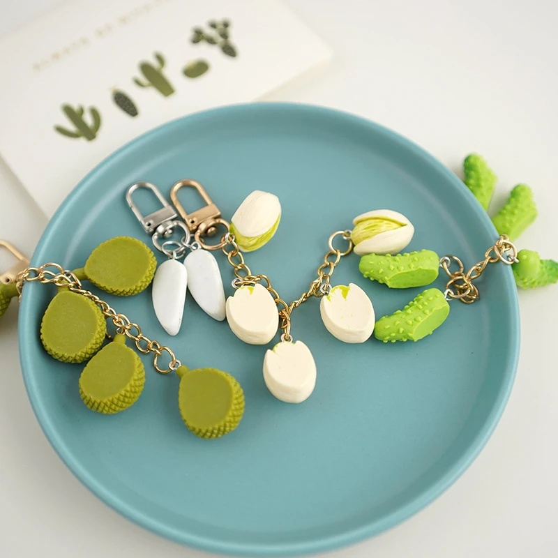 Creative Pistachio Durian Melon Seeds Cucumber Keychain Funny Food Keyring Bag Pendant Car Key Holder Earphone Charms Trinket