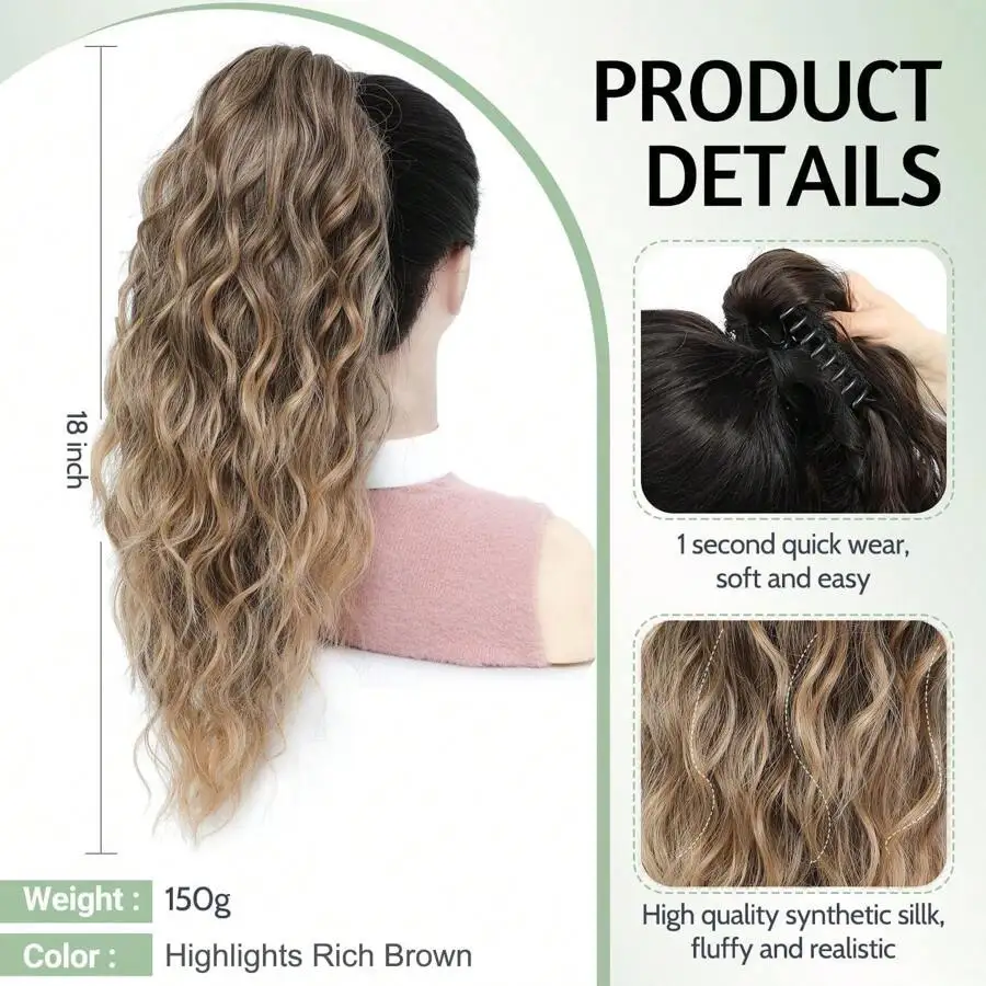 Extension de queue de cheval pince à griffe dans les Extensions de cheveux de queue de cheval griffe synthétique Extension de queue de cheval bouclée pour les femmes 18 pouces vague bouclée