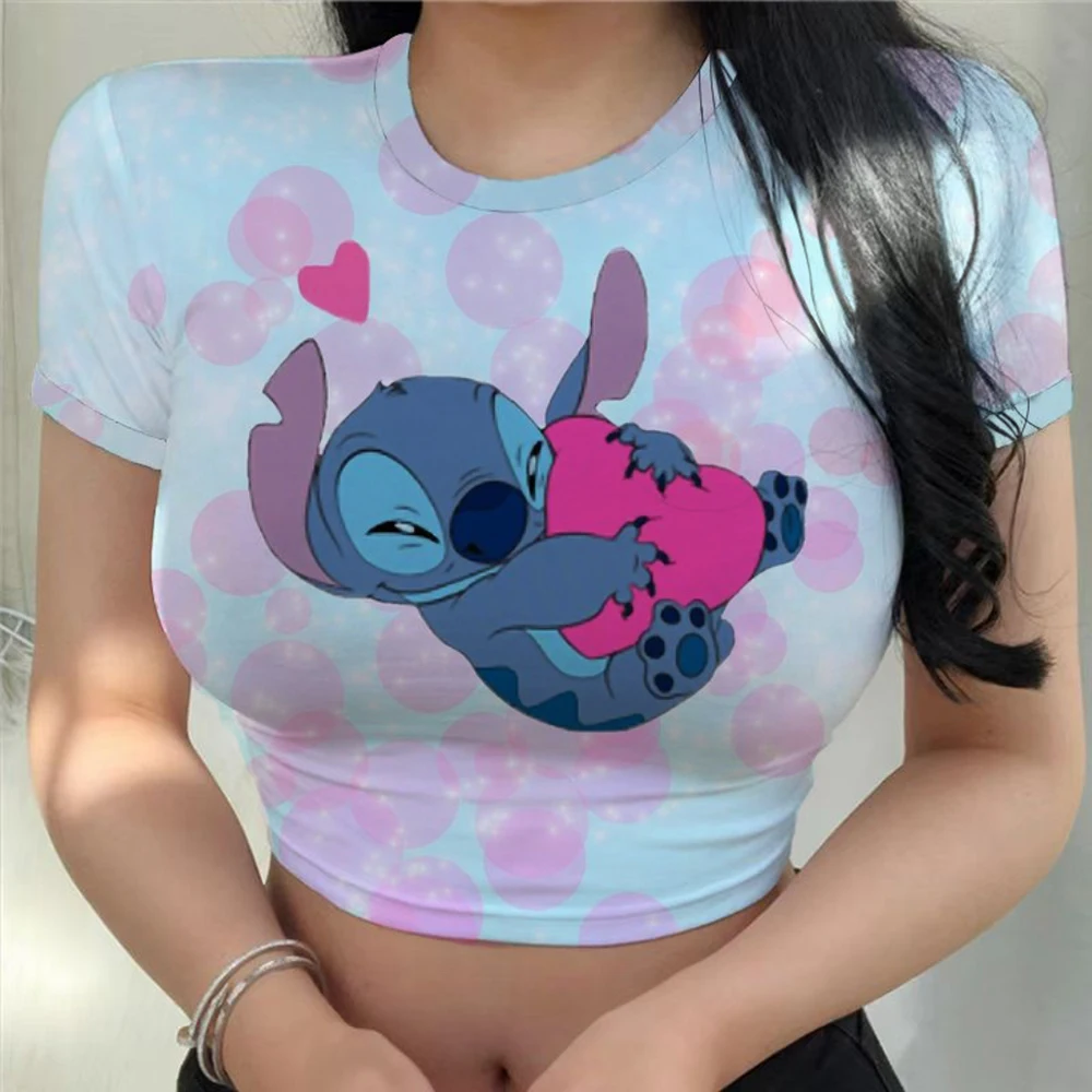 Nowe letnie krótkie bluzki kobieta seksowna obcisła koszulka z nadrukiem Disney Stitch damska odzież Kpop Harajuku