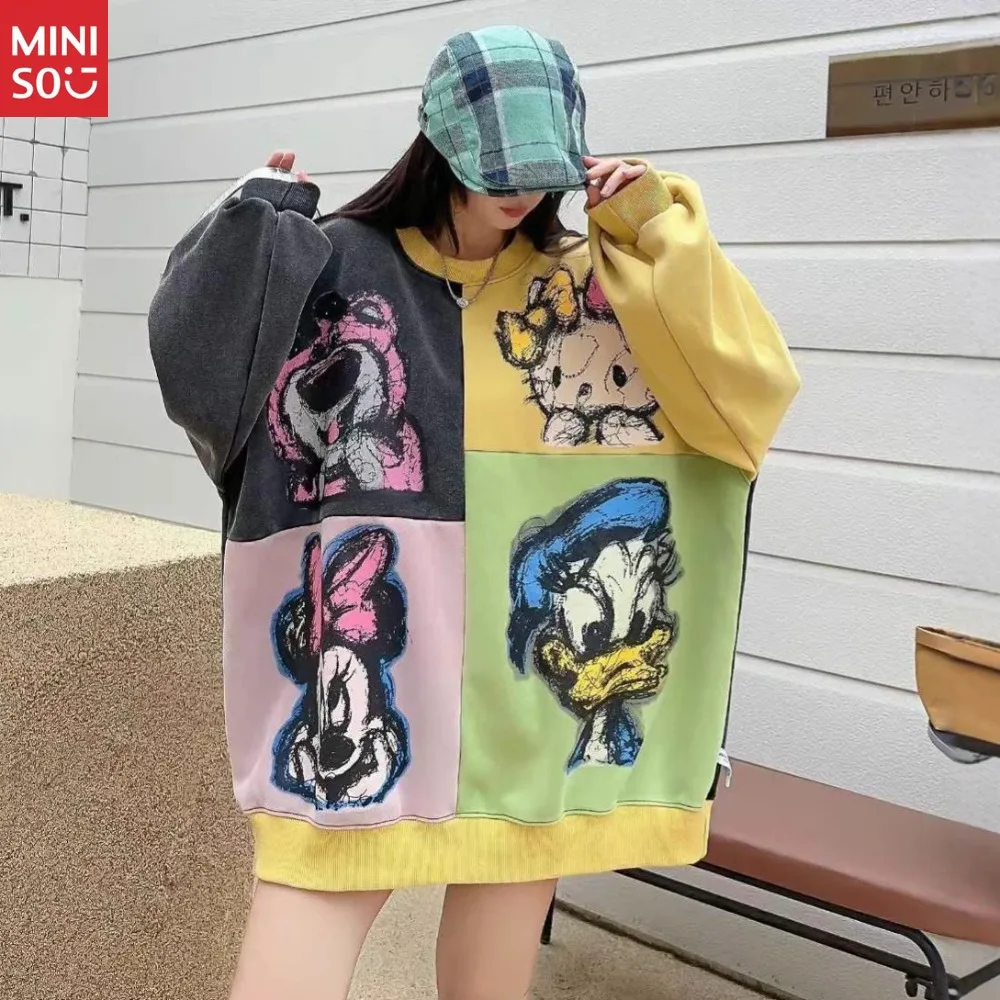 

Miniso Women's Sweater Large Edition Color Insert Splicing Printed Cartoon Sweater Women's Loose Casual Lazy Top