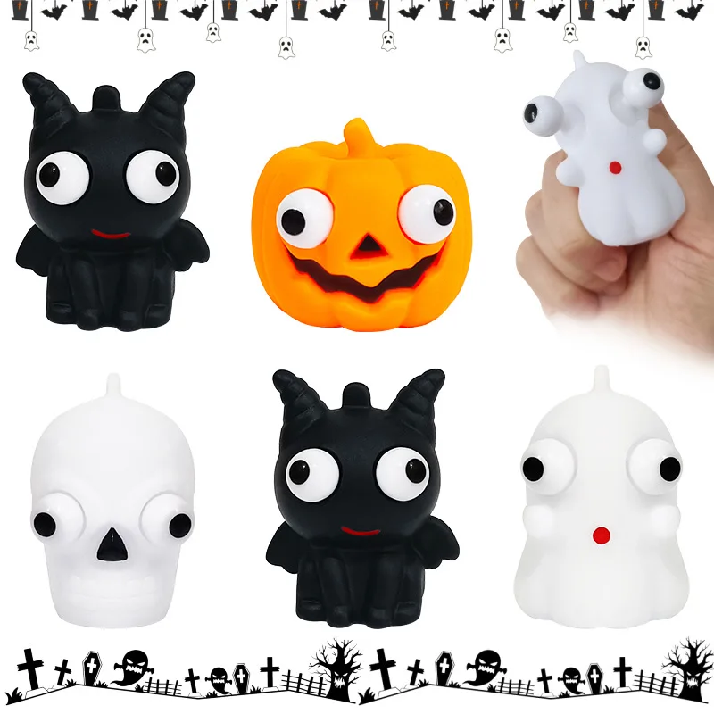 4Pcs Halloween Squeezing Fun, Pumpkin Ghost Skull StaringTo Vent, Decompressing Toy Vinyl