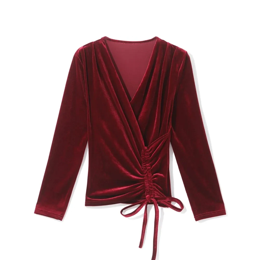 شيك المخملية المرأة الخامس الرقبة الدانتيل قاعدة قميص 2025 ربيع الخريف موضة جديدة سليم نوبل الحلو طويلة الأكمام تي شيرت