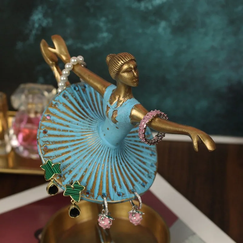 Solid Brass Ballerina Figurine Jewelry Holder Ring Stand Earring Rack Display Sculpture Vintage Ornament for Home Dresser Decor