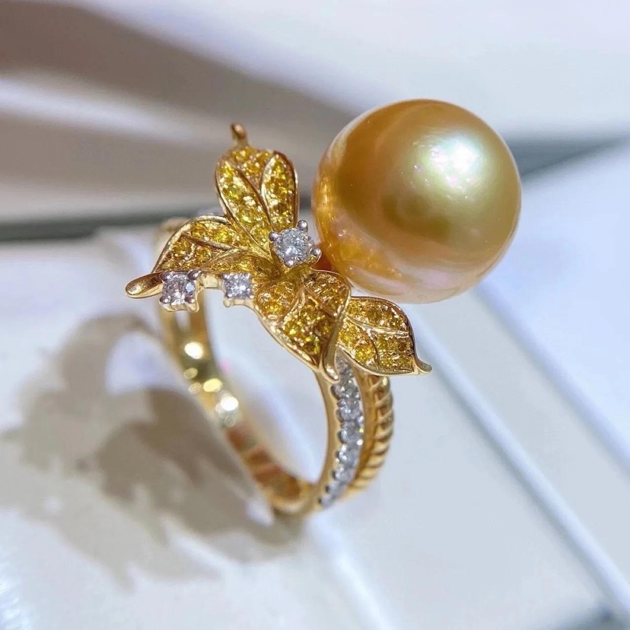 

New Pearl Open Ring AAAA 10-11 mm Natural South Sea Round Petal Gold Pearl Ring 925s