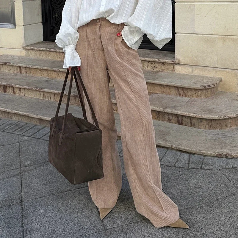 Retro Wide-leg Pants Loose Casual Trousers For Women Pure Cotton Corduroy Pants 2025 Autumn New Fashion Commuting Female