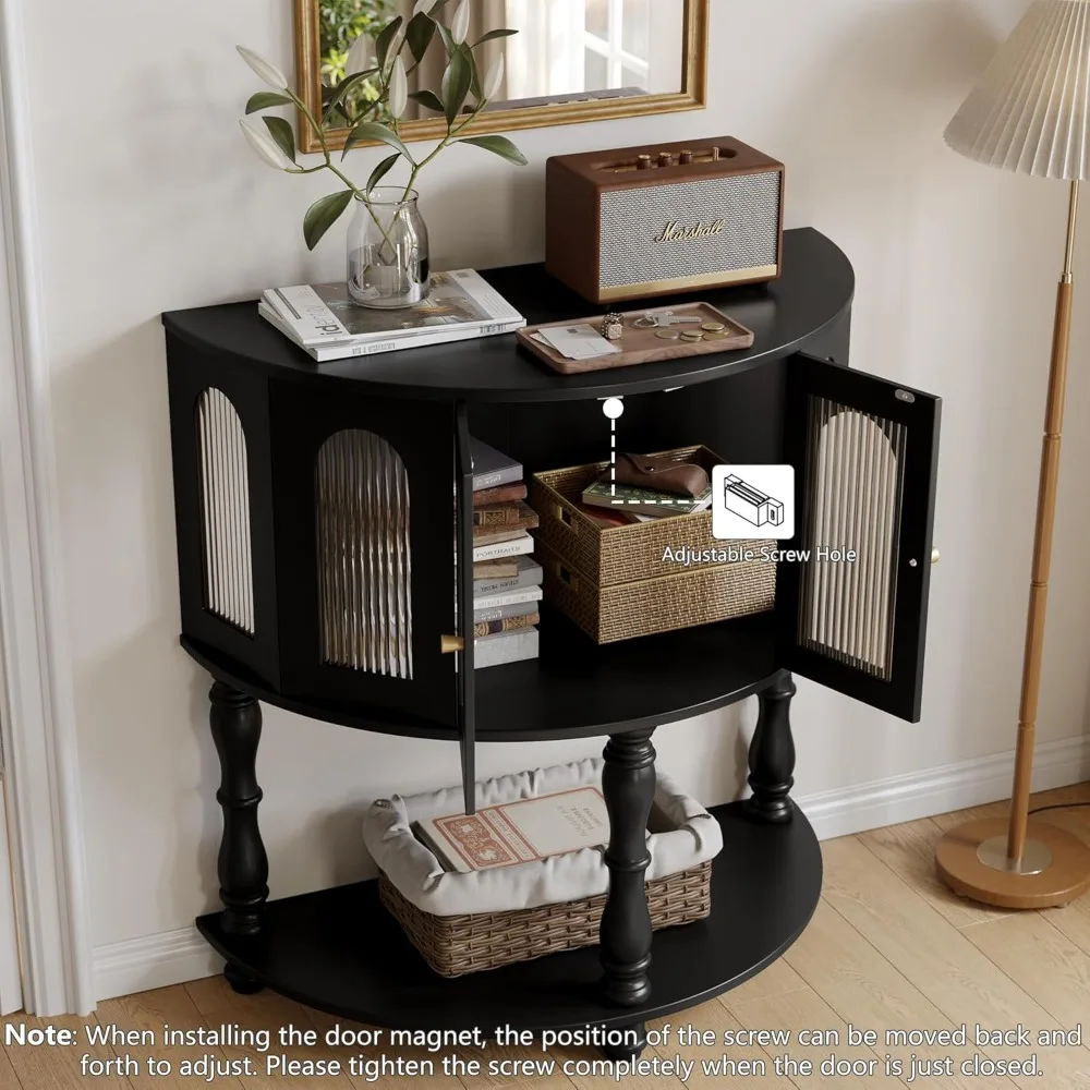 طاولة وحدة تحكم نصف قمر للمدخل، وحدة تحكم حديثة للمدخل من طبقتين مع رف تخزين وباب زجاجي، علامة تبويب أريكة نصف دائرة مقاس 32 بوصة