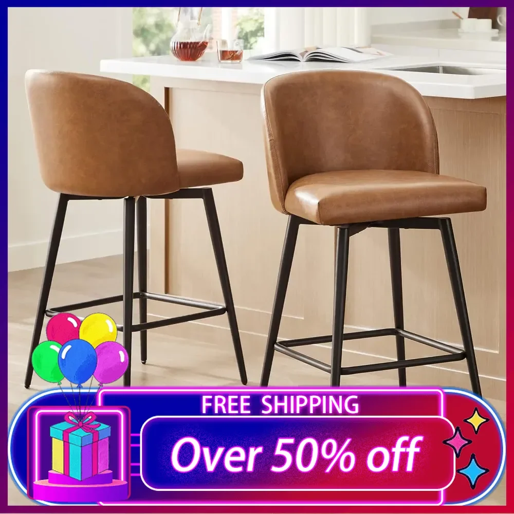 

Counter Height Bar Stools Set of 2, 360° Swivel Upholstered Barstools with Backs and Metal Legs, Faux Leather in Saddle Brown