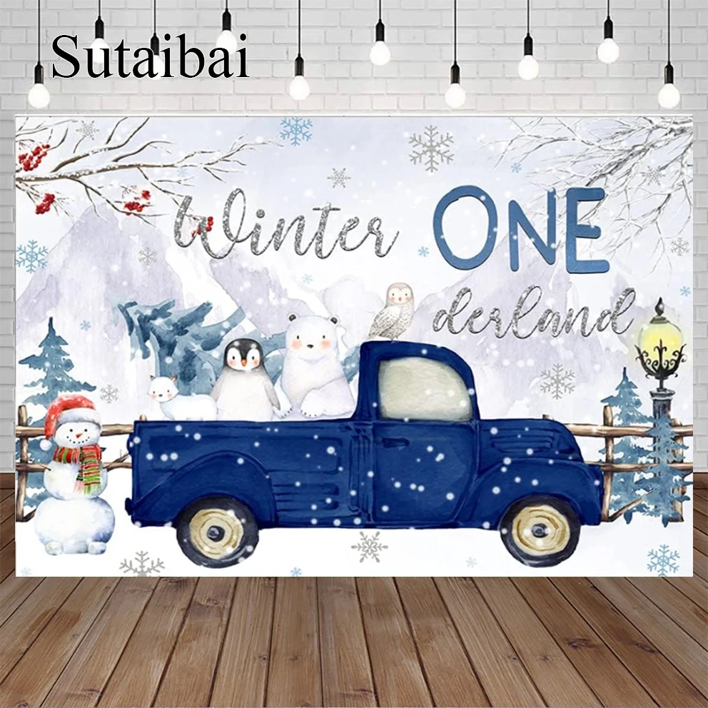 

Winter Boy Onederland Birthday Party Backdrop Blue Truck Woodland Animals First Birthday Background Happy 1st Bday Newborn