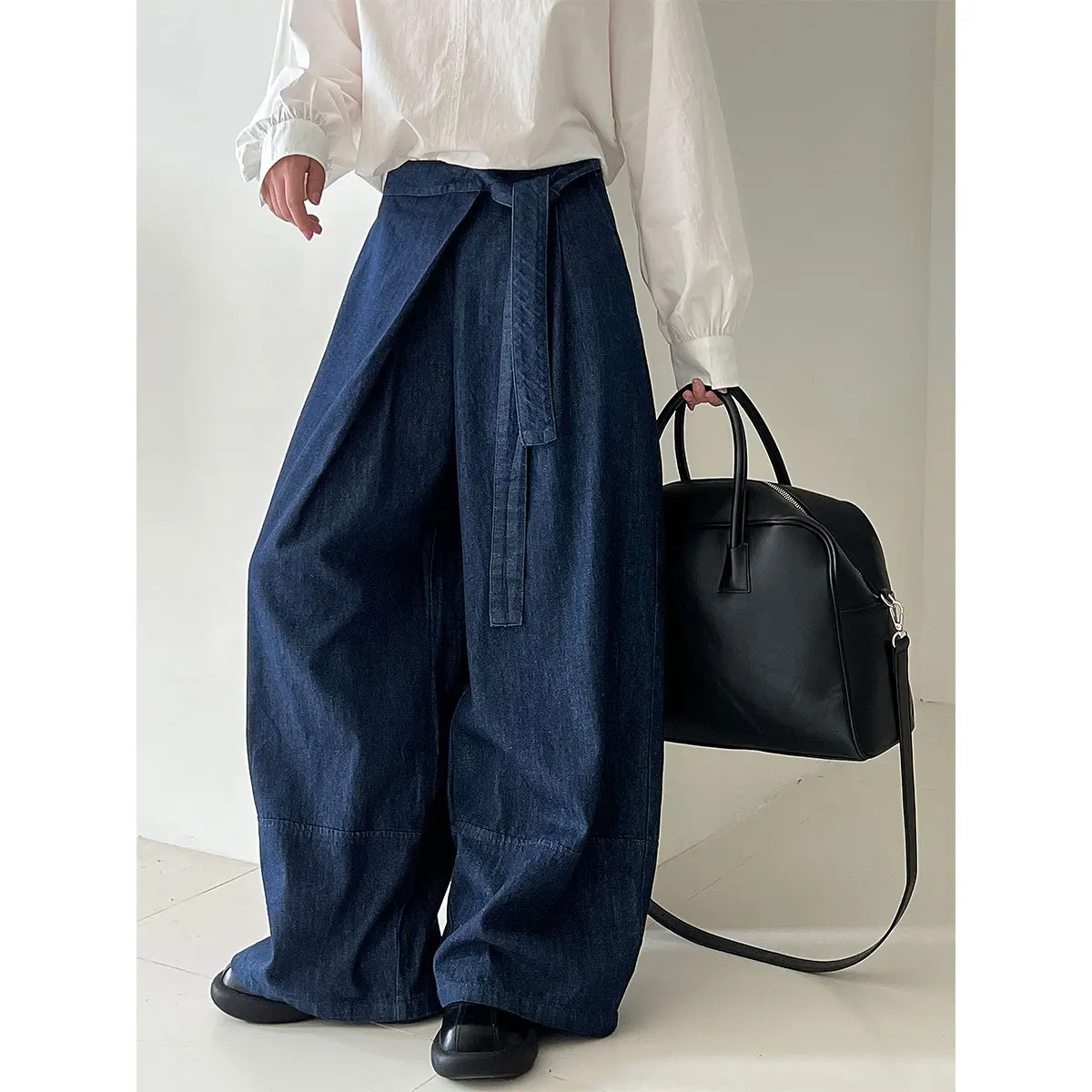 

SuperAen корейский стиль оверсайз ретро джинсы на шнуровке с высокой талией для женщин осенние новые модные широкие брюки полной длины