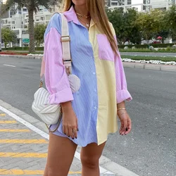 Women's Casual Shirt Colorblock Striped Print Long Sleeve Turn Down Collar Button Up Tunic Shirt Top Ladies Daily Outfit