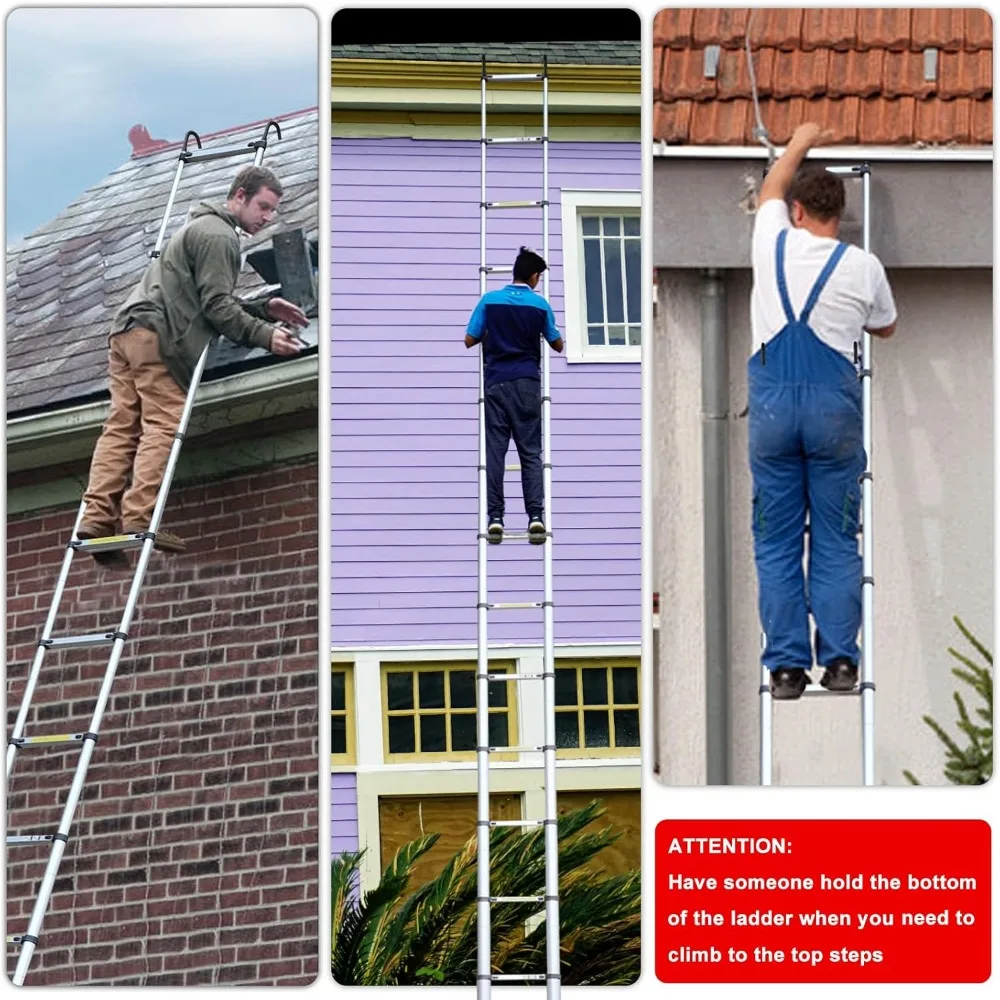 Escada telescópica de alumínio multiuso de 26,2 pés com barra estabilizadora, rodas e ganchos para extensão e uso dobrável