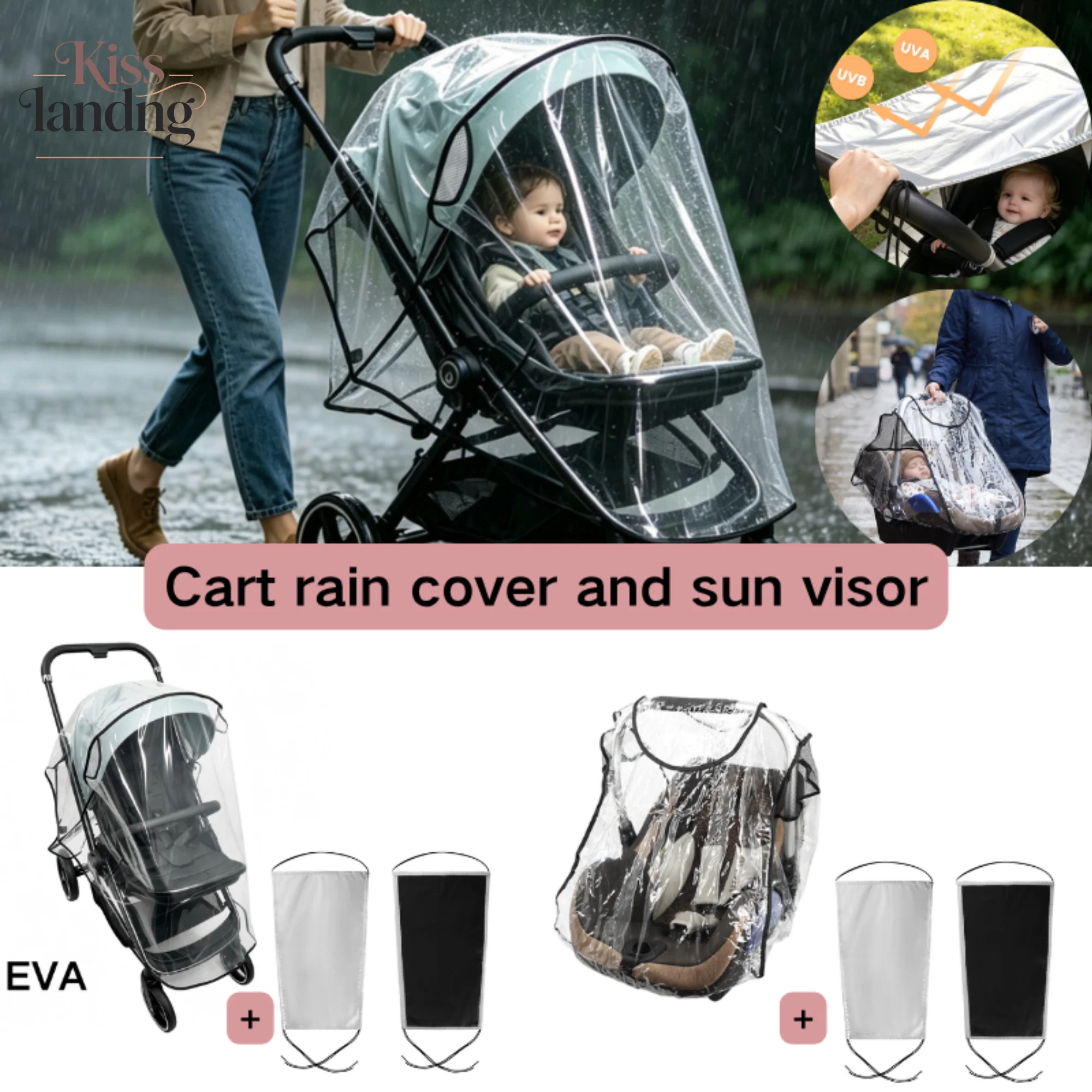 Portable Baby Stroller Rain Cover and Sun Visor Set Transparent EVA Waterproof Rain Shield UV Sunshade for Most Strollers