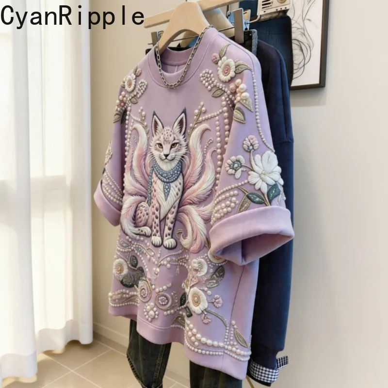 New Spring Summer Loose Women Short Sleeve T-shirt Round Neck Fox Pattern Printed Diamonds Beads Casual Top Loose Basic Tees