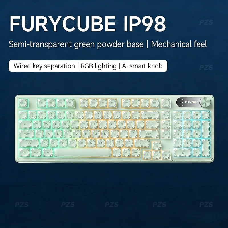 FURYCUBE IP98 Wired Gaming Membrane Keyboard RGB Translucent Keycaps Intelligent Knob PBT Keycap 98 Keys for PC Office Gaming