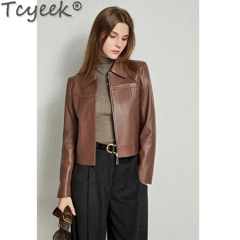 Tcyeek, chaquetas de cuero genuino para mujer, ropa de primavera y otoño, abrigos de piel de oveja auténtica, Chaqueta corta de cuero para mujer, Куртка jahжаха