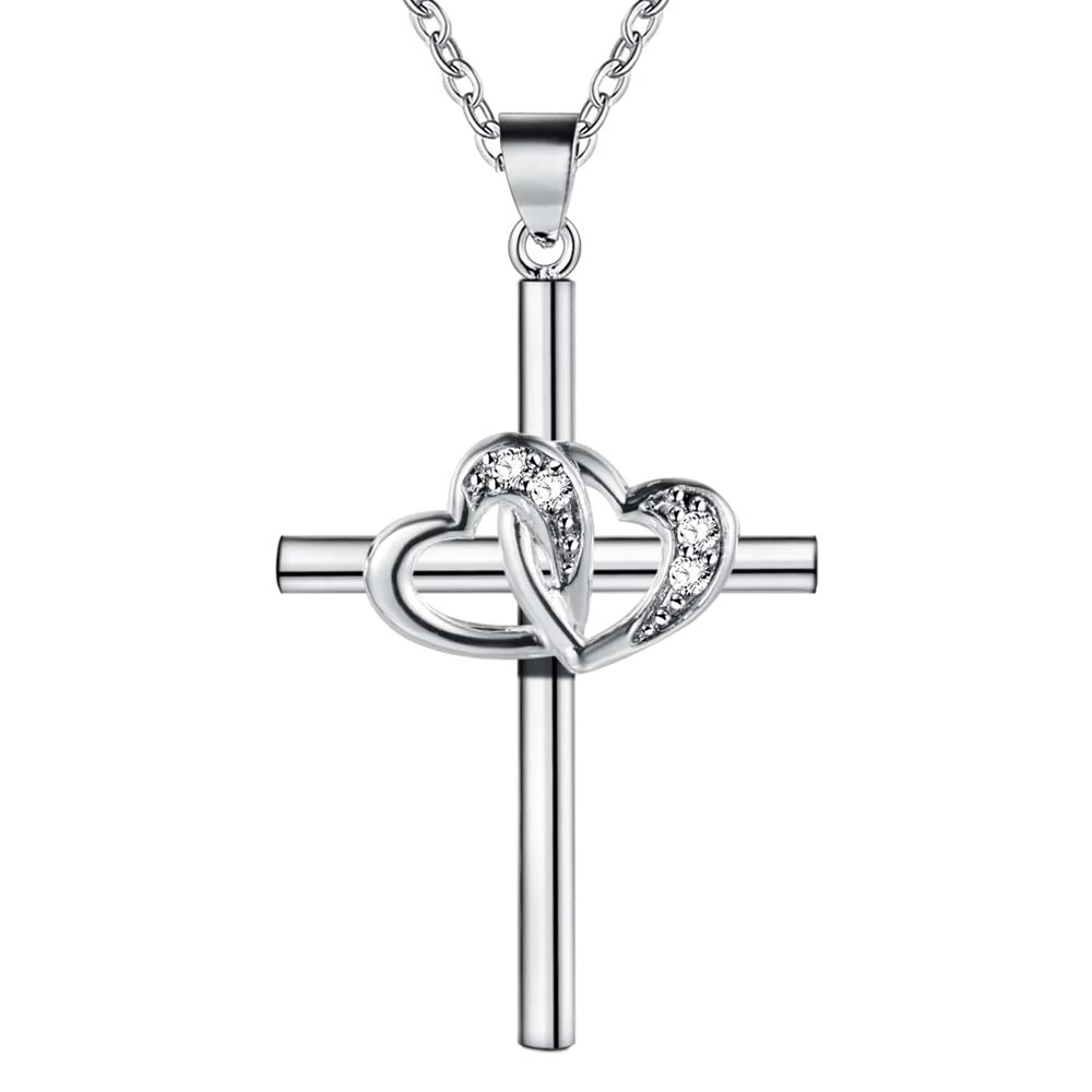 Shiny Crystal Elegant Heart Cross Pendant Silver Color Necklace 18 Inch For Women High Quality Fashion Jewelry Christmas Gift