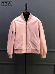 Autumn New Women Casual Zipper Stand Collar Bomber Jacket Pink Sheepskin Genuine Leather Jacket Streetwear Slim Fit Fashion Coat