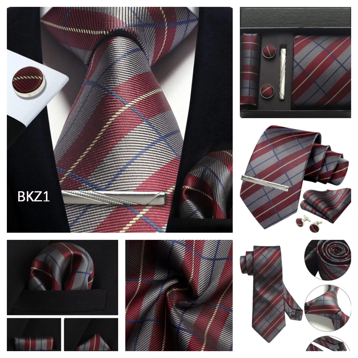 Klassische Herrenkrawatten aus 100 % Seide in Geschenkbox, 8 cm, kariert, gepunktet, gestreift, Business-Krawatte, Einstecktuch, Manschettenknöpfe, Hochzeitskrawatten-Set – Detail 25