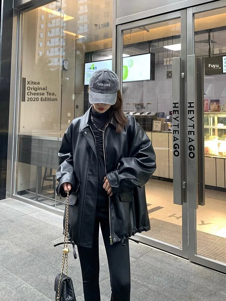 

Spring Large Size Women's Loose American Retro Biker PU Leather Jaet Sensation Coat Casual Sweet Sle Long Sve