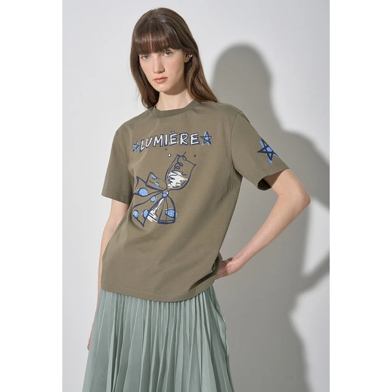 

MICOAT Heavyweight Ele T-irt Women's Summer Print Knot Wine Cup Embroidery Precise Beading Casual Loose Fit