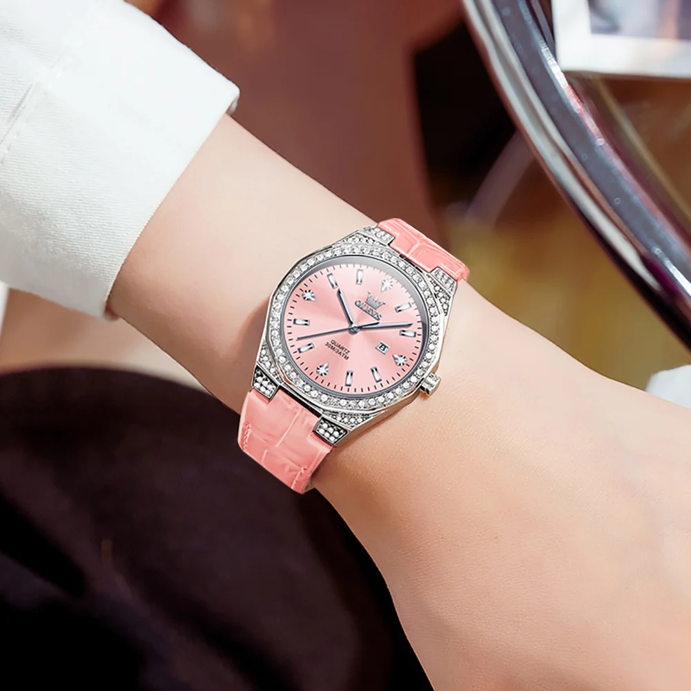 OLEVS Women\'s Watches Young Fashion Original Quartz Watch for Girl Pink Dial Waterproof Leather Strap Luminous Date Trend Casual