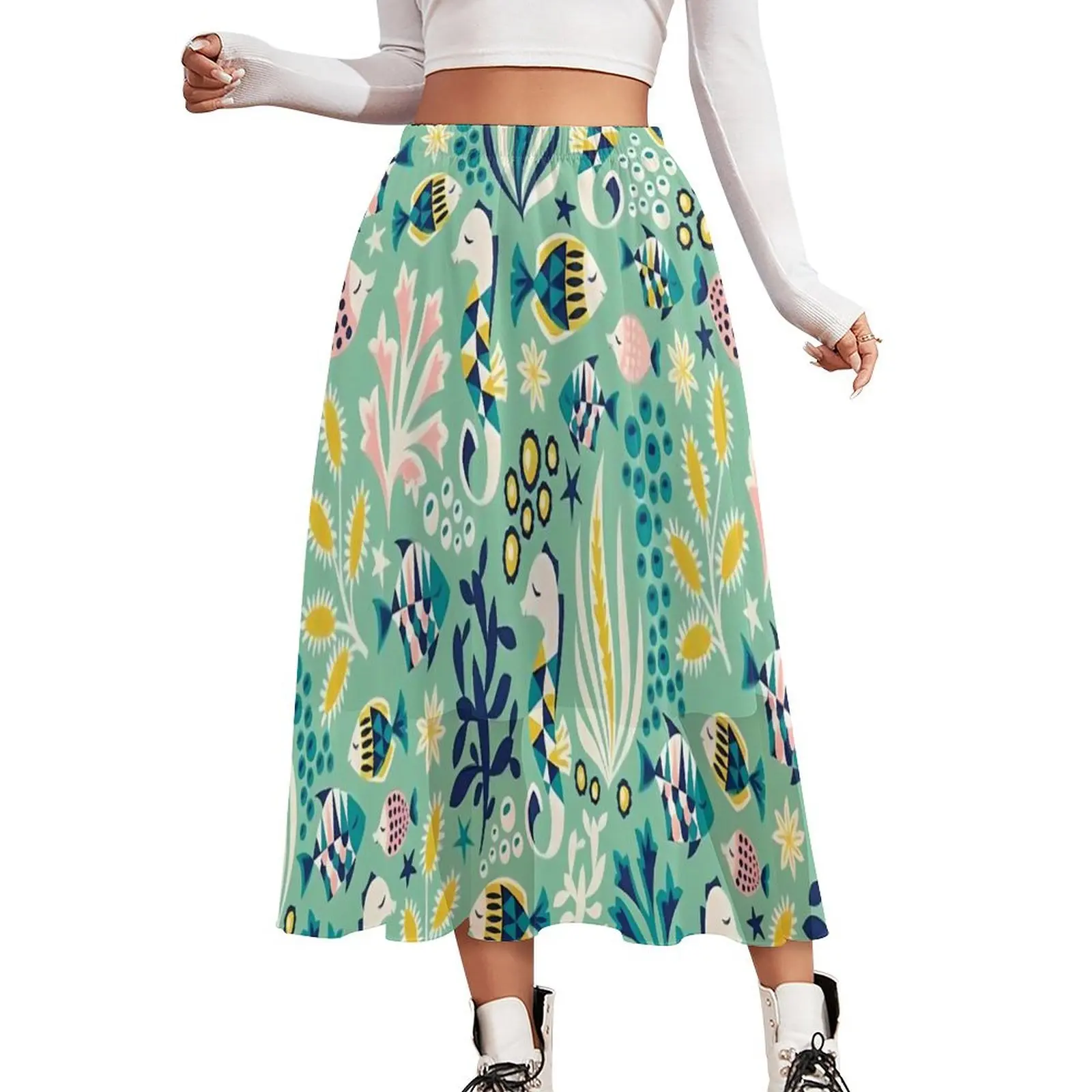 

Cartoon Sea Fish Skirt Floral Print Kawaii Long Skirts Spring Street Style Elastic Waist Chiffon Custom Oversized Casual Skirt