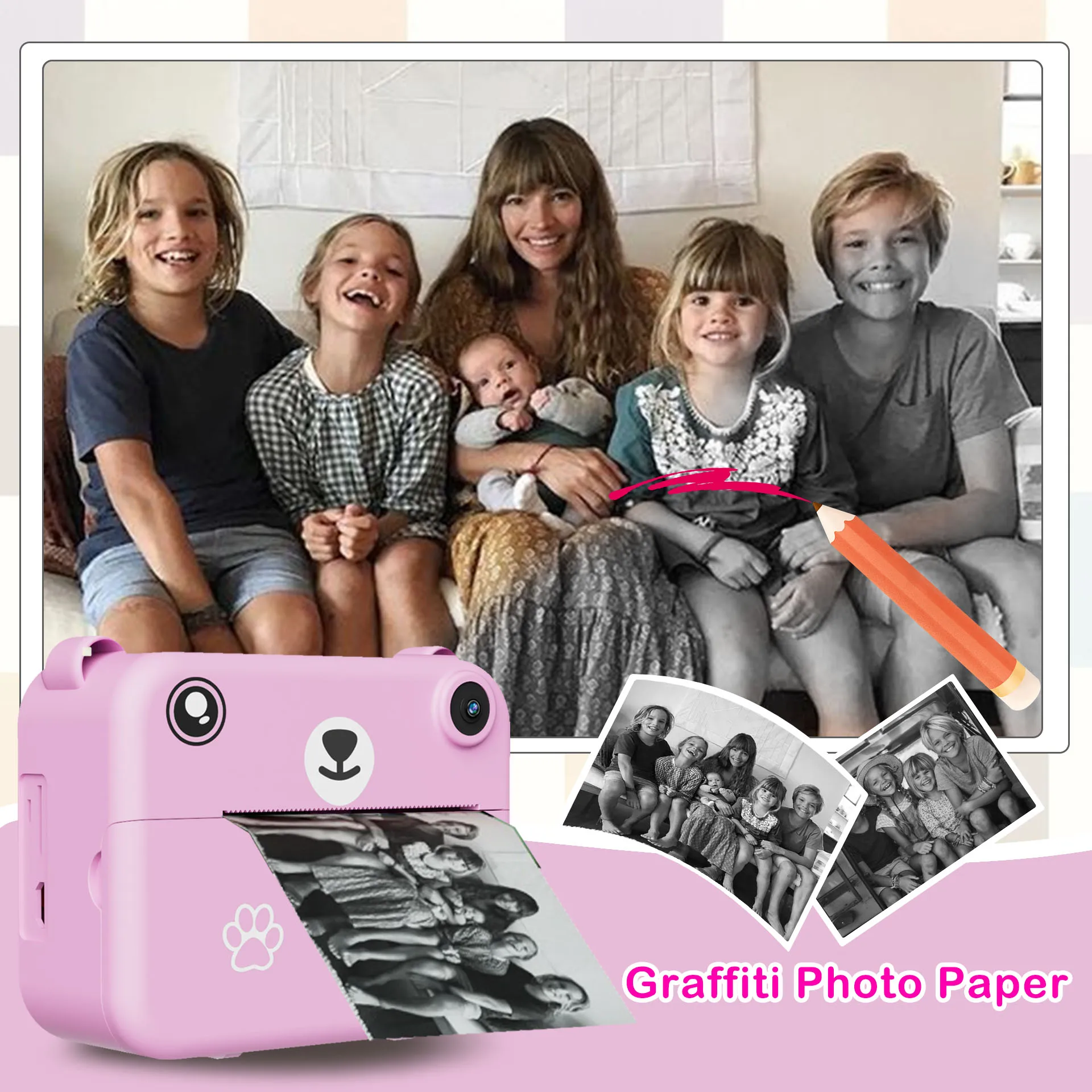 Câmera infantil para crianças, câmera pequena portátil de impressão instantânea com cartão de memória 32g, 3 rolos de papel de impressão, presente para meninos e meninas