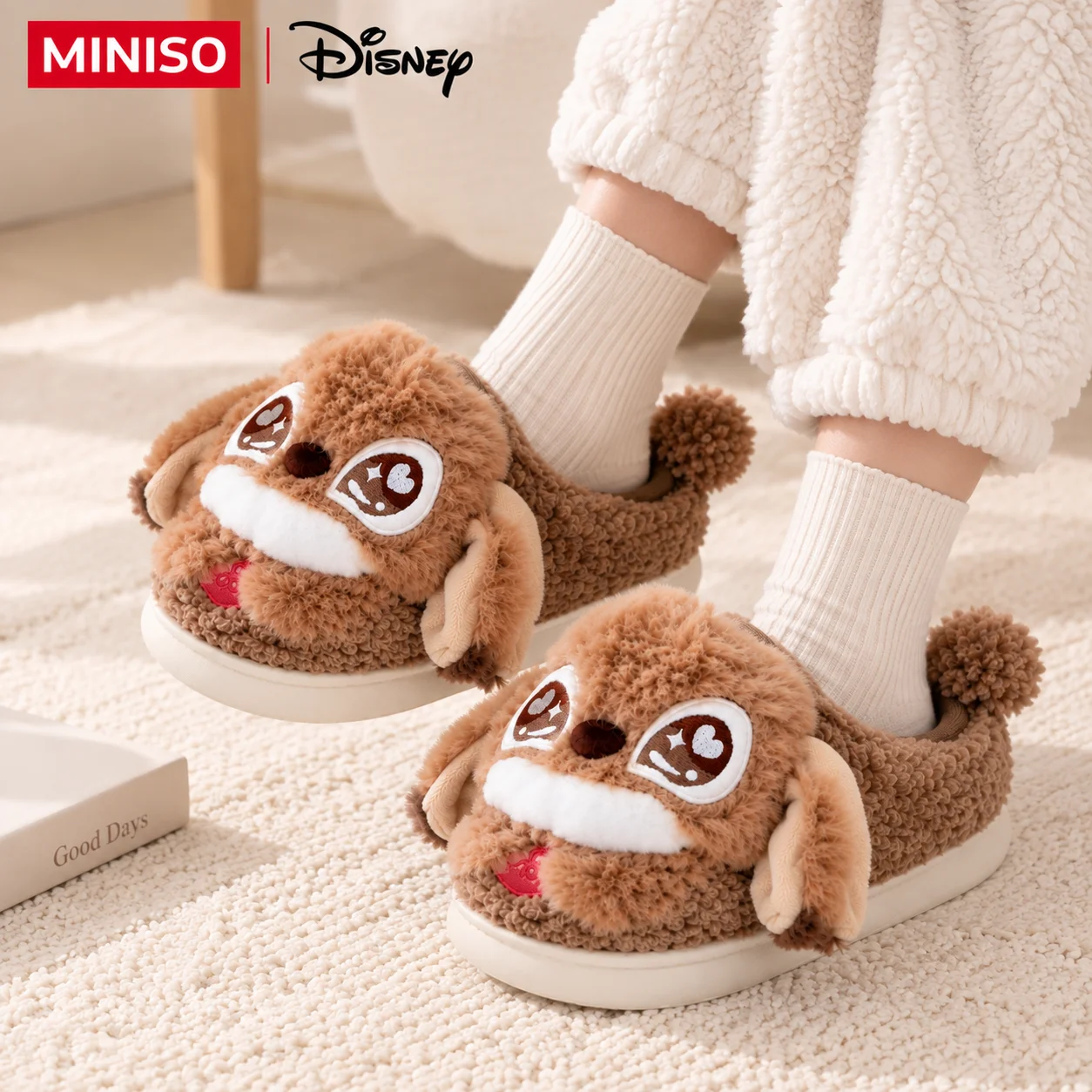 MINISO Disney Stitch Plush Slippers Cute 3D Character Warm Indoor House Shoes Soft Fuzzy Non Slip Winter Home Slippers for Women